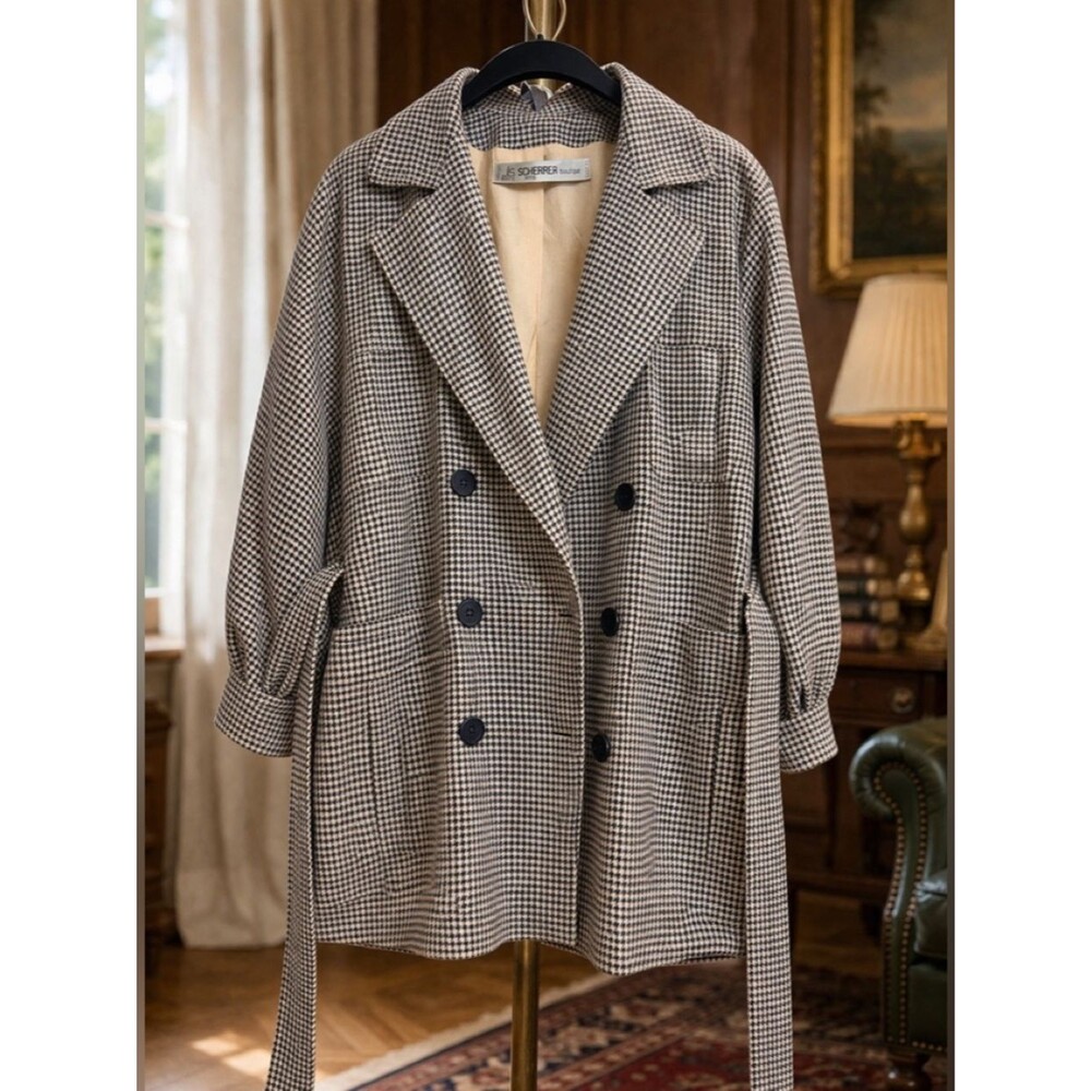 Vintage Jean Louis Scherrer Wool Silk Houndstooth Safari Blazer France Belted
